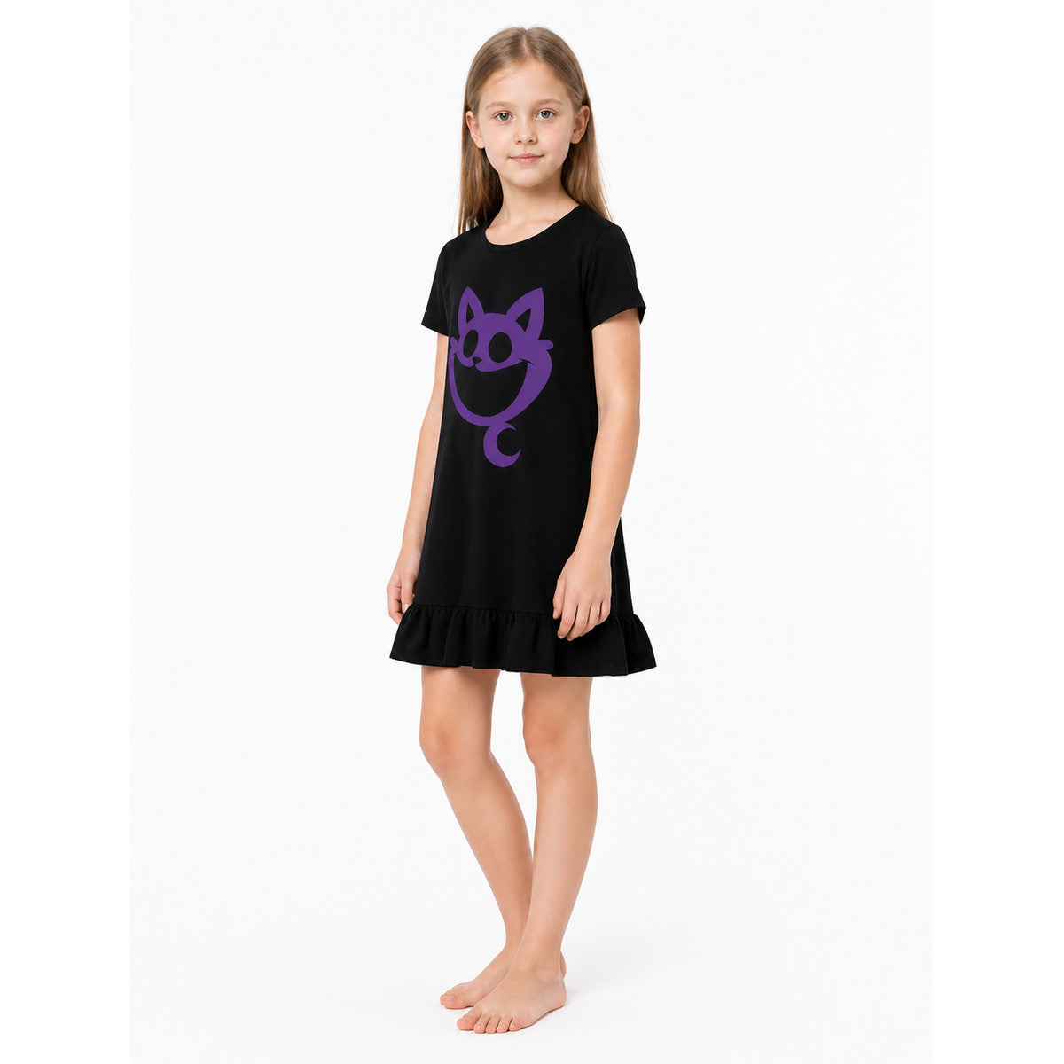 Black A-line Dress with Purple Cat and Ruffle Costume Dresses detail