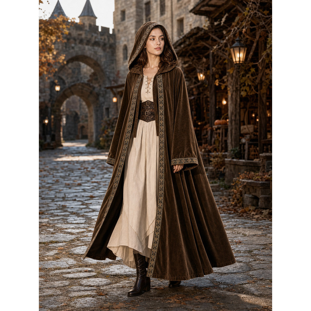 Brown velvet-look hooded cloak styled on a full-body model in a cobblestone street, with patterned trim and wide sleeves