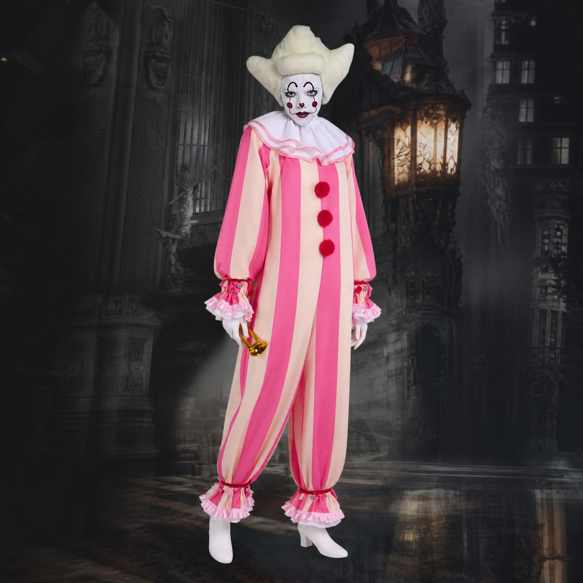 Striped Carnival Clown Jumpsuit with Pom-Poms Costumes detail