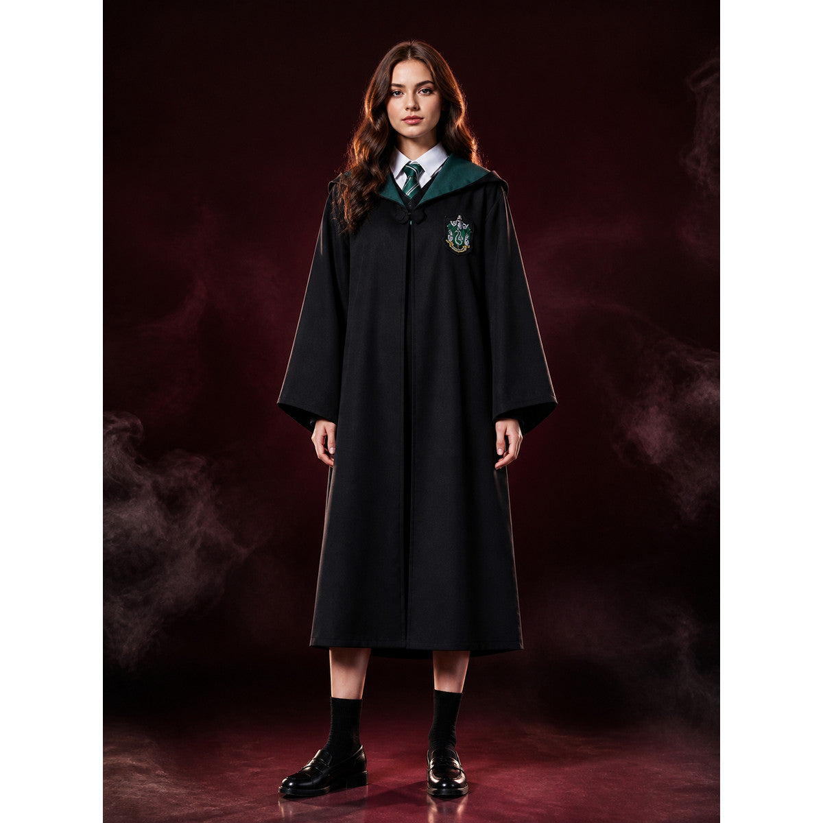Kids Wizard Robe Set with Crest, Dark Green Hood & Striped Tie, Halloween lifestyle