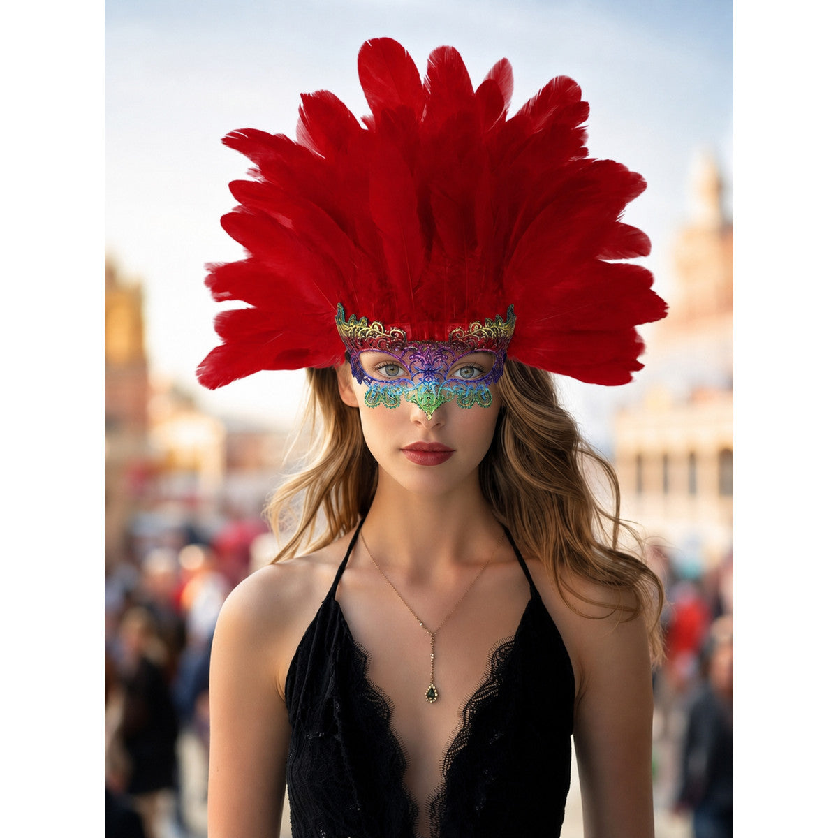 Carnival Headpiece with Red Feathers lifestyle