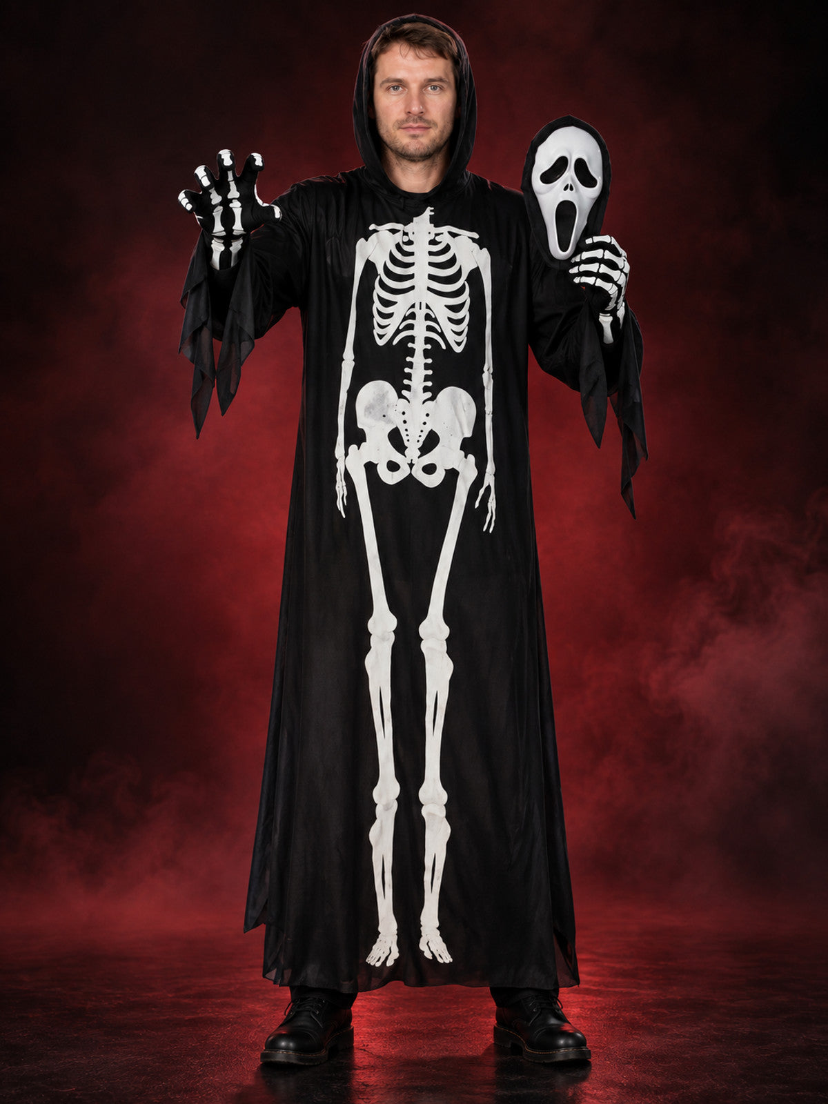 Halloween Skeleton Costume with Hood, Mask, and Gloves