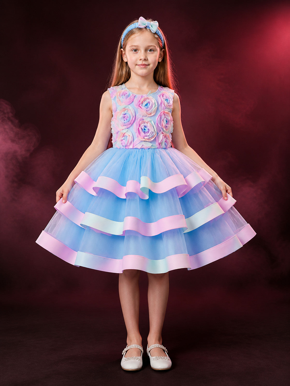 Girls' Multicolor Princess Dress with Layered Cake Skirt and Rose Detail main product view