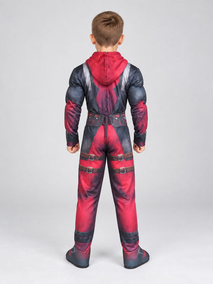 Children's Deadpool Cosplay Costume with Hood Mask back view