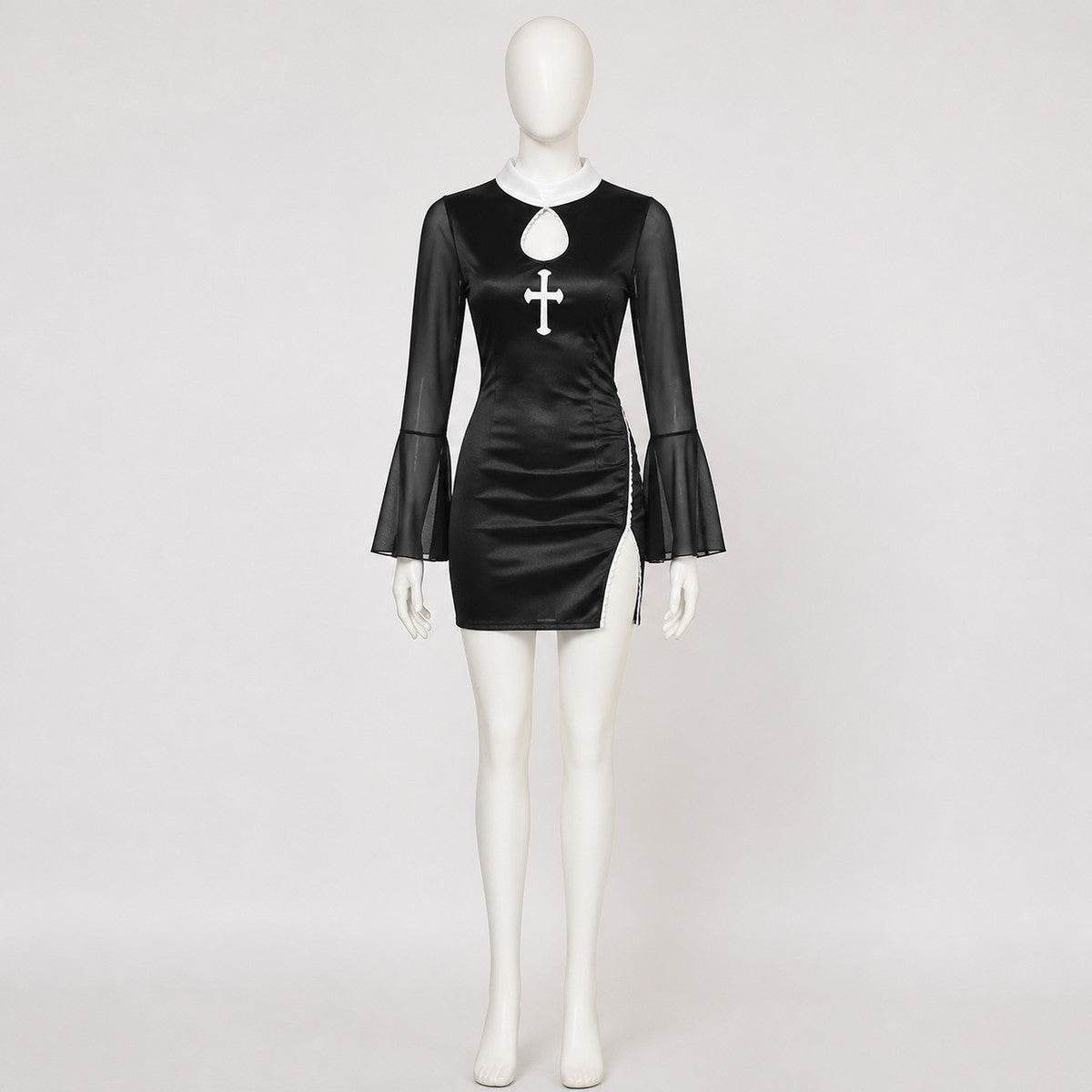 Black Nun Costume Dress with White Cross and Lace Costume Dresses detail