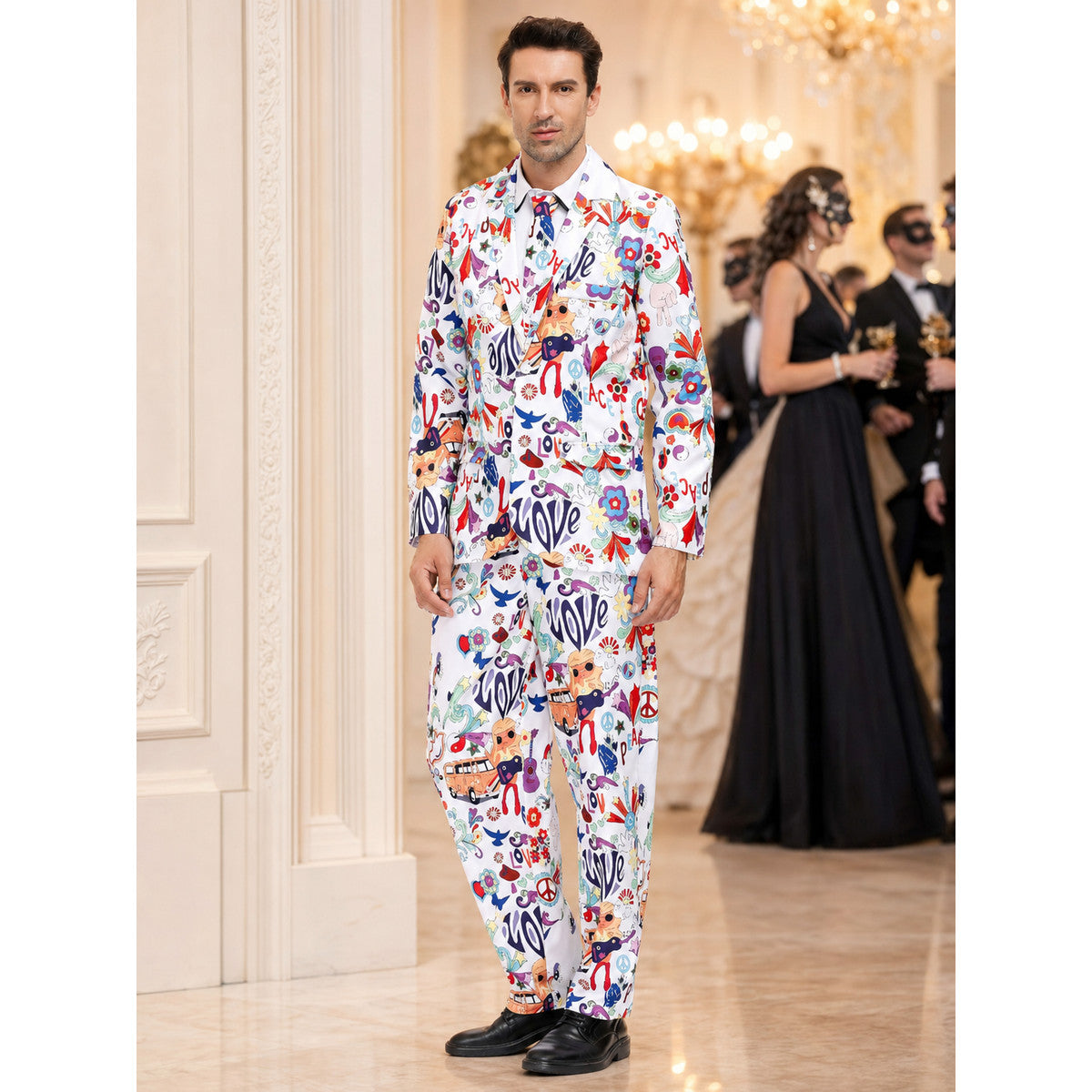 Single-Breasted Two-Piece Suit with Colorful LOVE Print lifestyle view