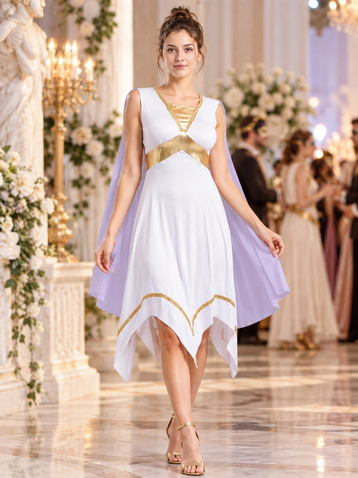 White dress with asymmetrical hem and gold trim