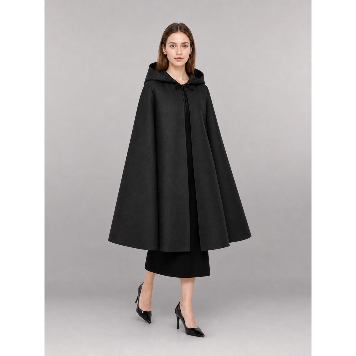 Black Hooded Carnival Cloak with Zipper