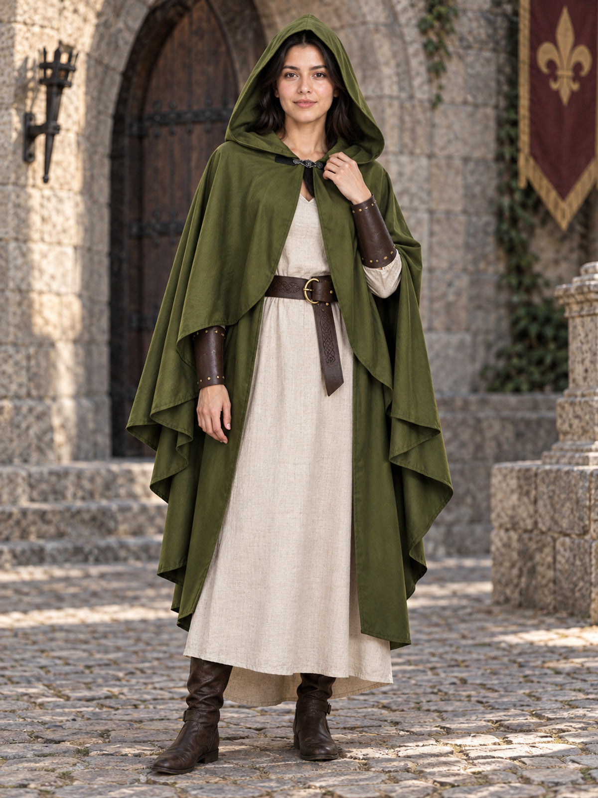 Olive green cloak costume with hood, open front, long panels, belt with buckle