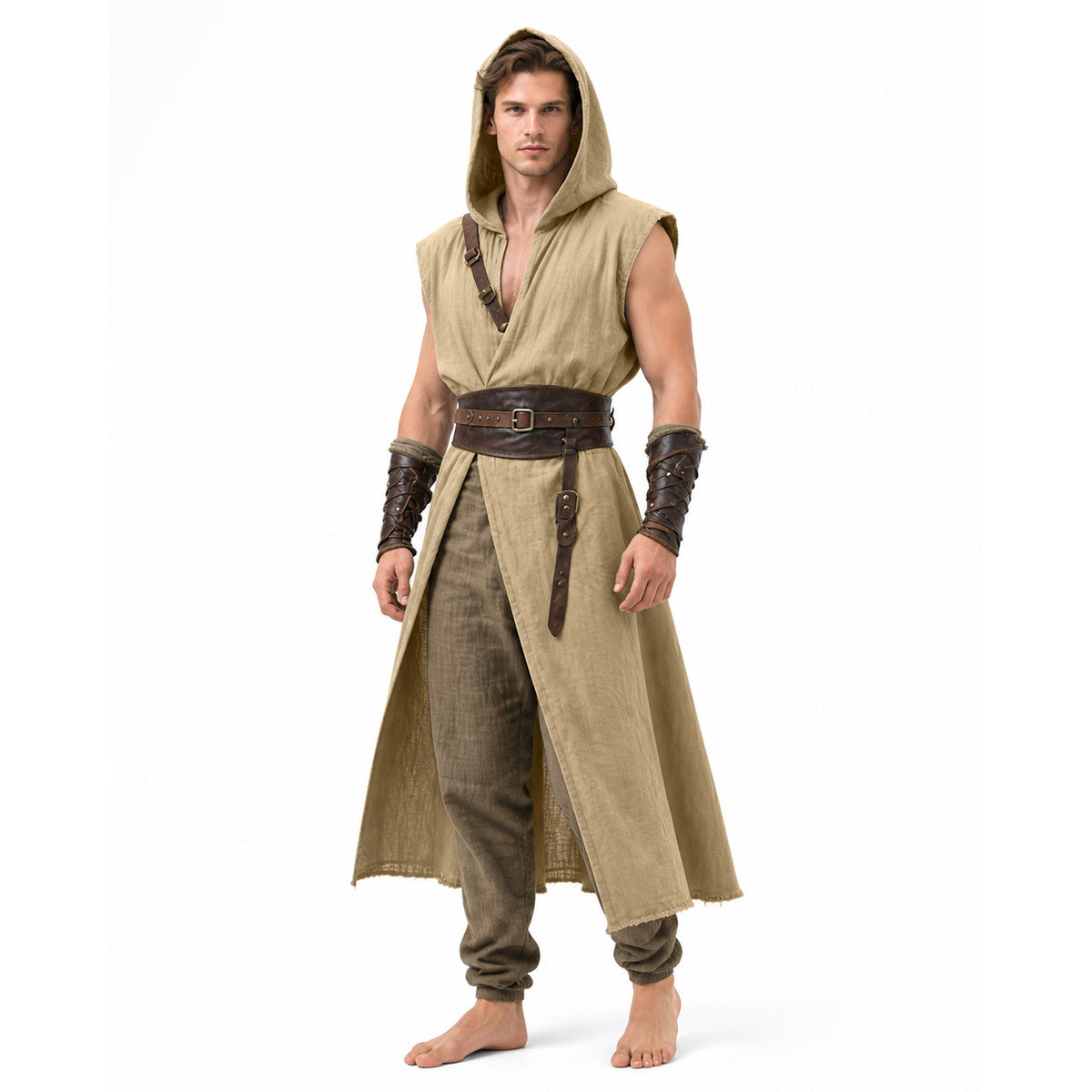 Khaki Sleeveless Medieval Hooded Cloak Costume Capes detail