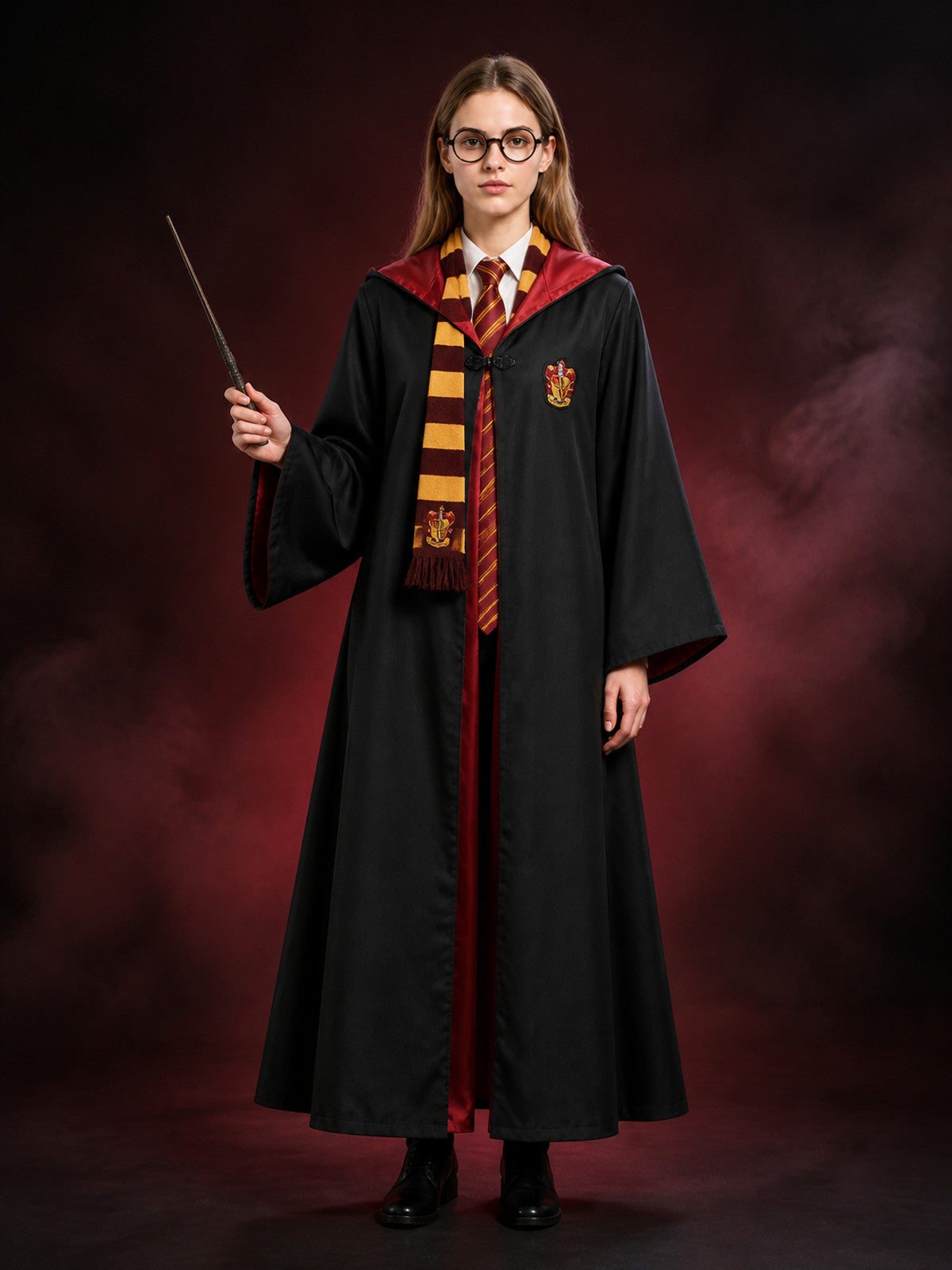Academy-Style Wizard Robe Costume Set with Tie, Scarf, Wand and Glasses main product view