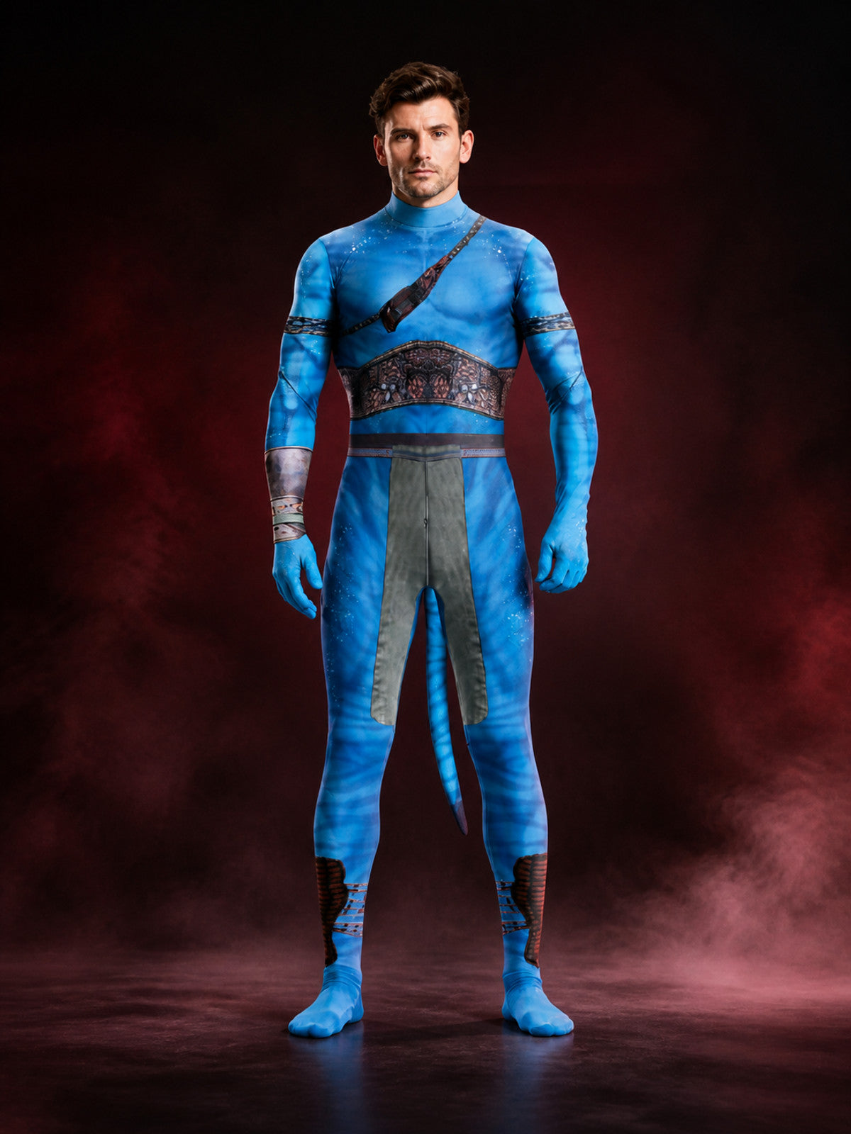 Unisex Blue Alien Bodysuit Costume with Tail, Halloween Party Outfit