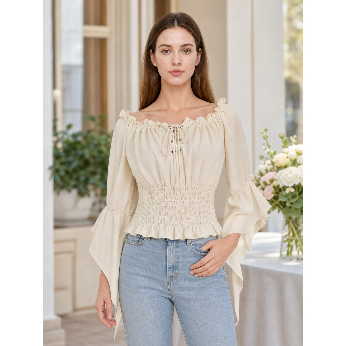 Off-the-Shoulder Lace-Up Blouse, Beige