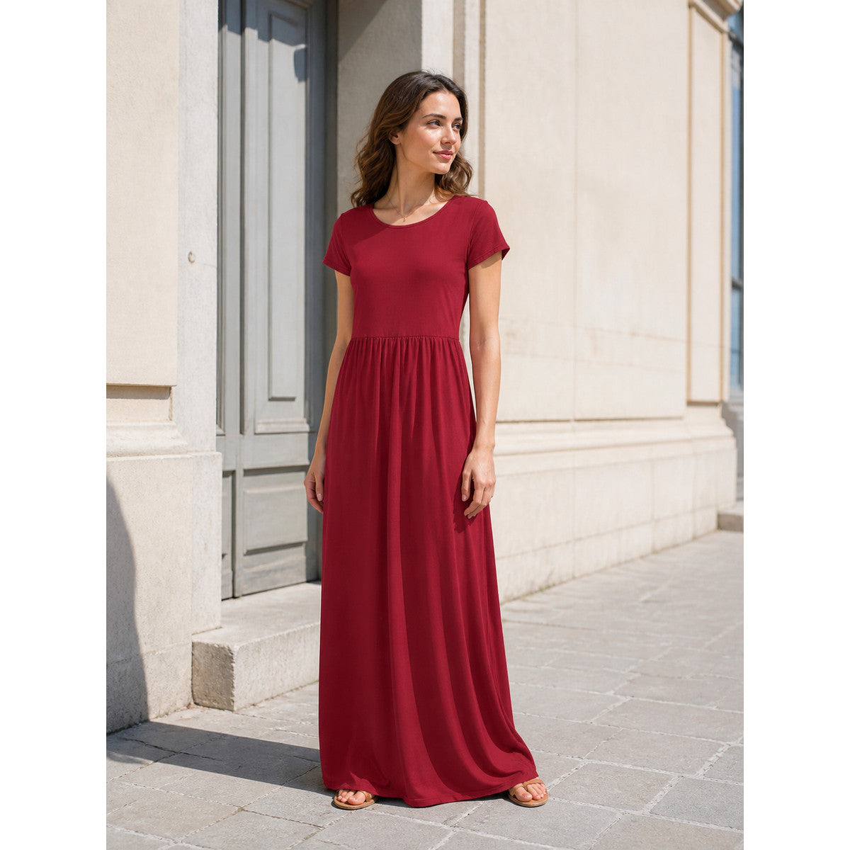 Women's Long Dress with Short Sleeves and Gathering lifestyle