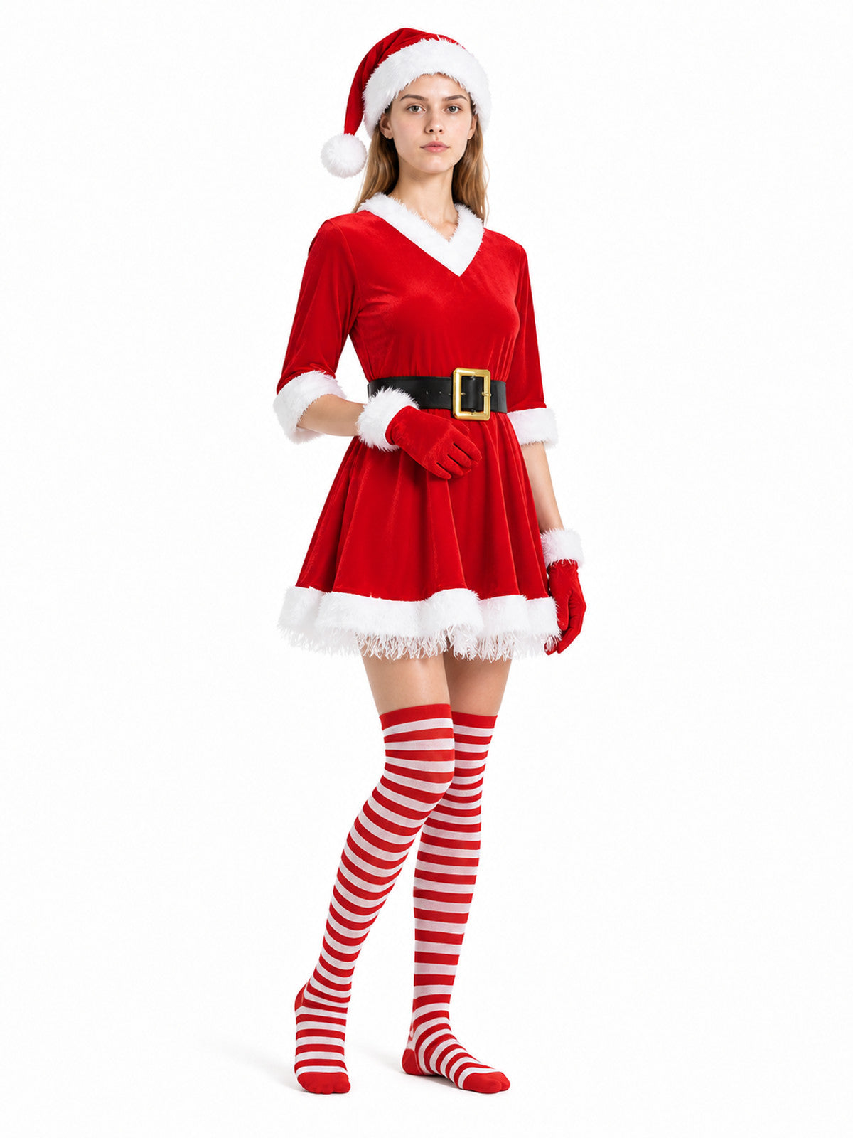 Santa Claus costume with hat, gloves, and stockings