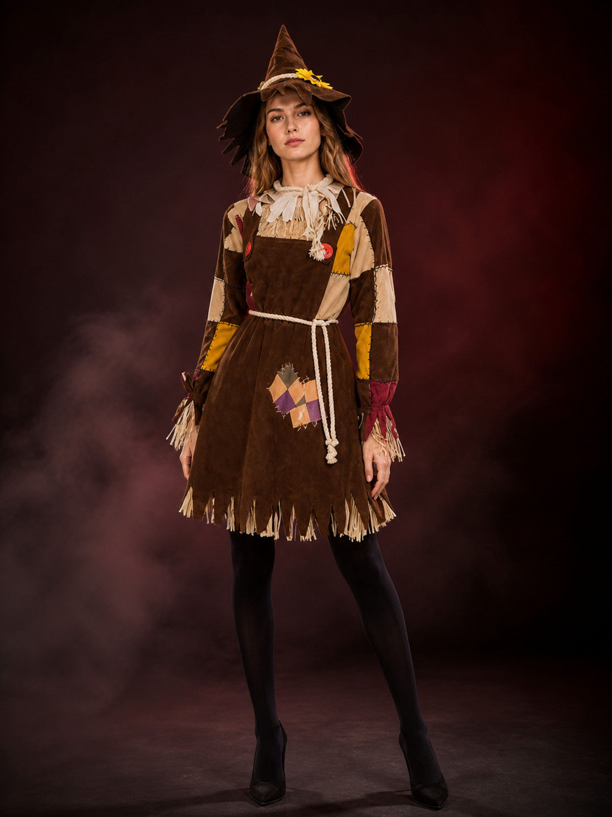 Witch Costume Set, Long Sleeve Patchwork Outfit with Fringed Details, Pointed main product view