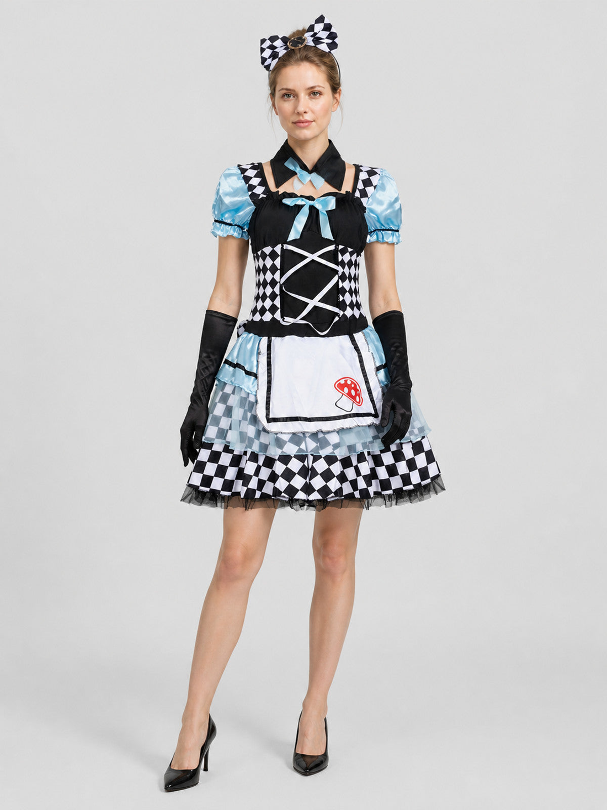 Puffy Carnival Dress with Checkerboard Print and Mushrooms