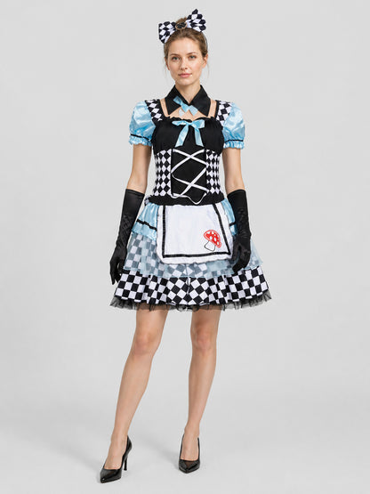 Puffy Carnival Dress with Checkerboard Print and Mushrooms