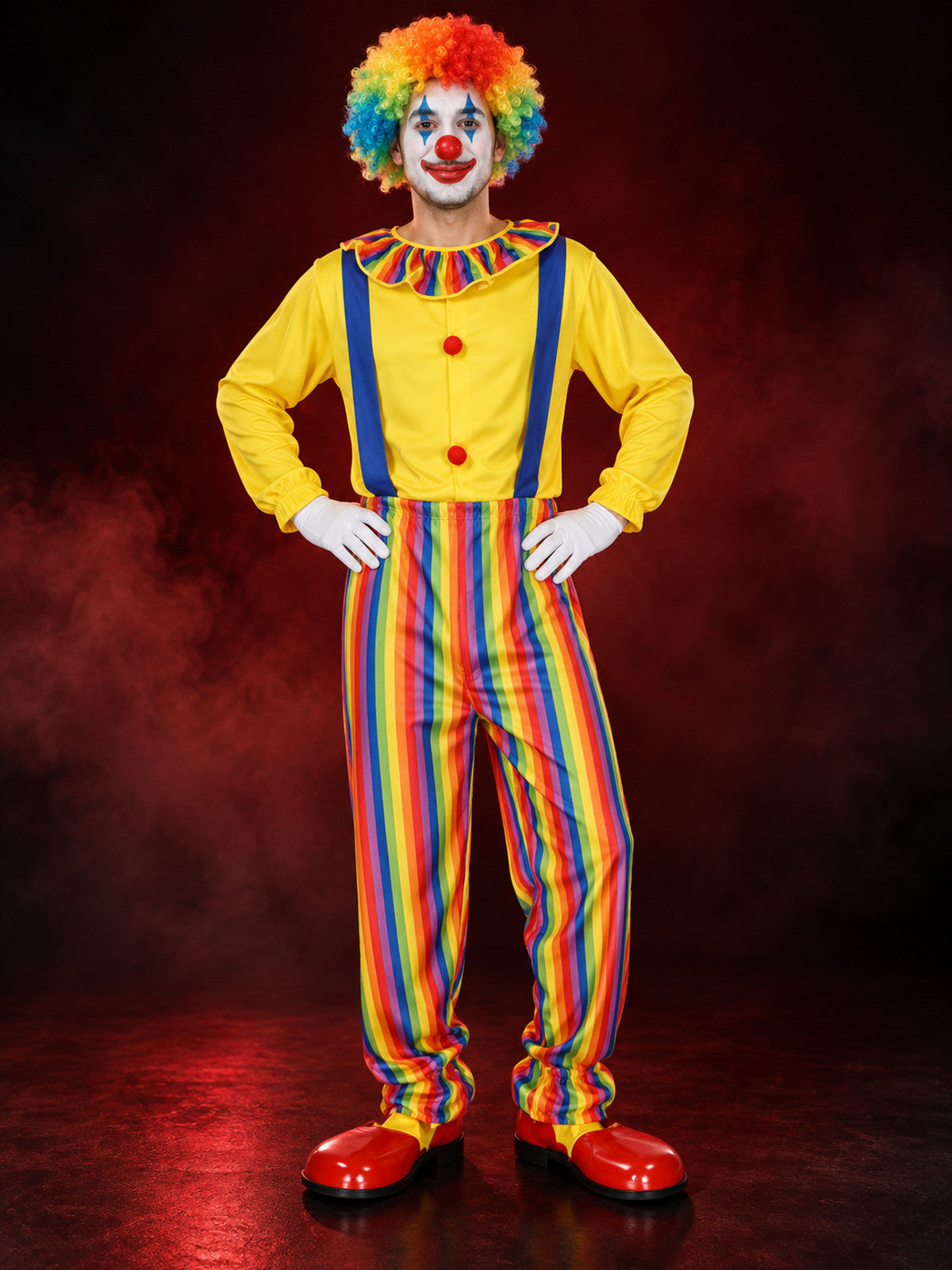 Adult Clown Costume, Jumpsuit with Ruffle and Suspenders