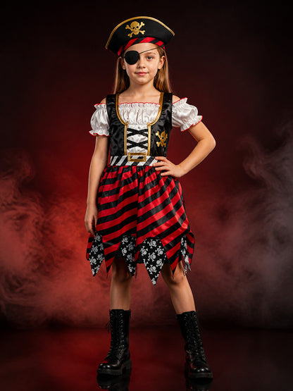 Kids Pirate Costume Dress Set with Hat & Eye Patch - Striped Skull Halloween main product view
