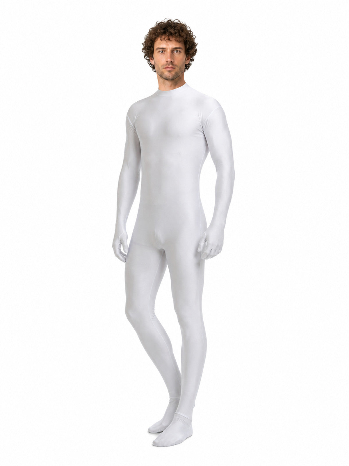 White Form-Fitting Zentai Jumpsuit with High Collar product detail