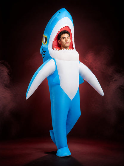 Unisex Shark Costume Jumpsuit, Inflatable Halloween Funny Outfit with Fins and
