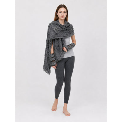 Gray distressed hooded scarf with fingerless gloves and layered fringed fabric, shown in a full-body three-quarter view