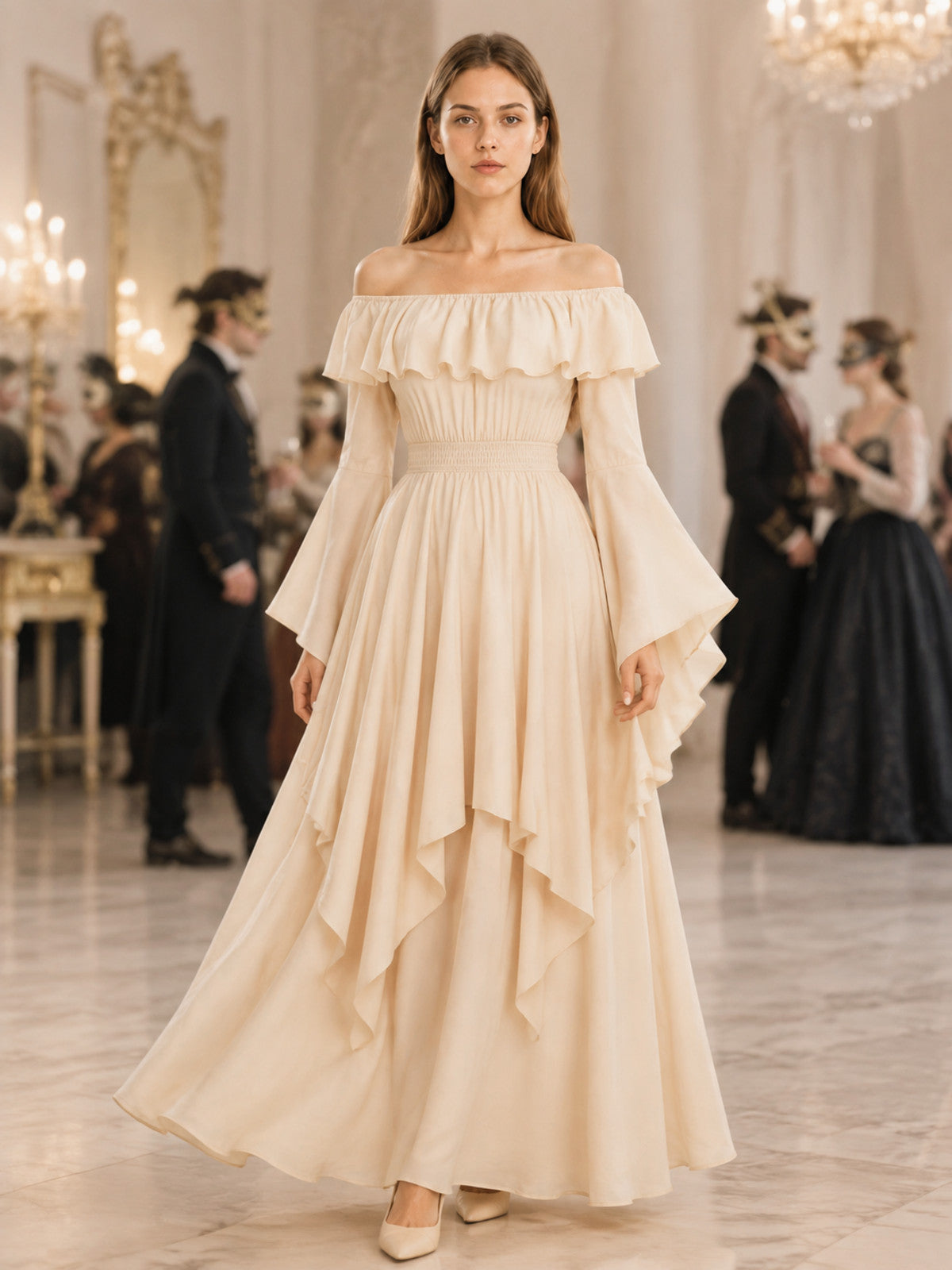 Long Cream A-Line Dress with Tiered Ruffles lifestyle view
