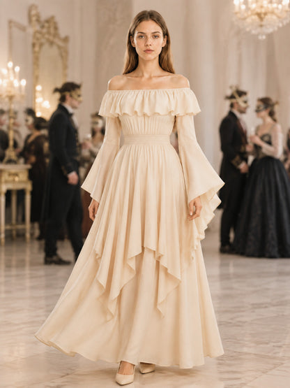 Long Cream A-Line Dress with Tiered Ruffles lifestyle view