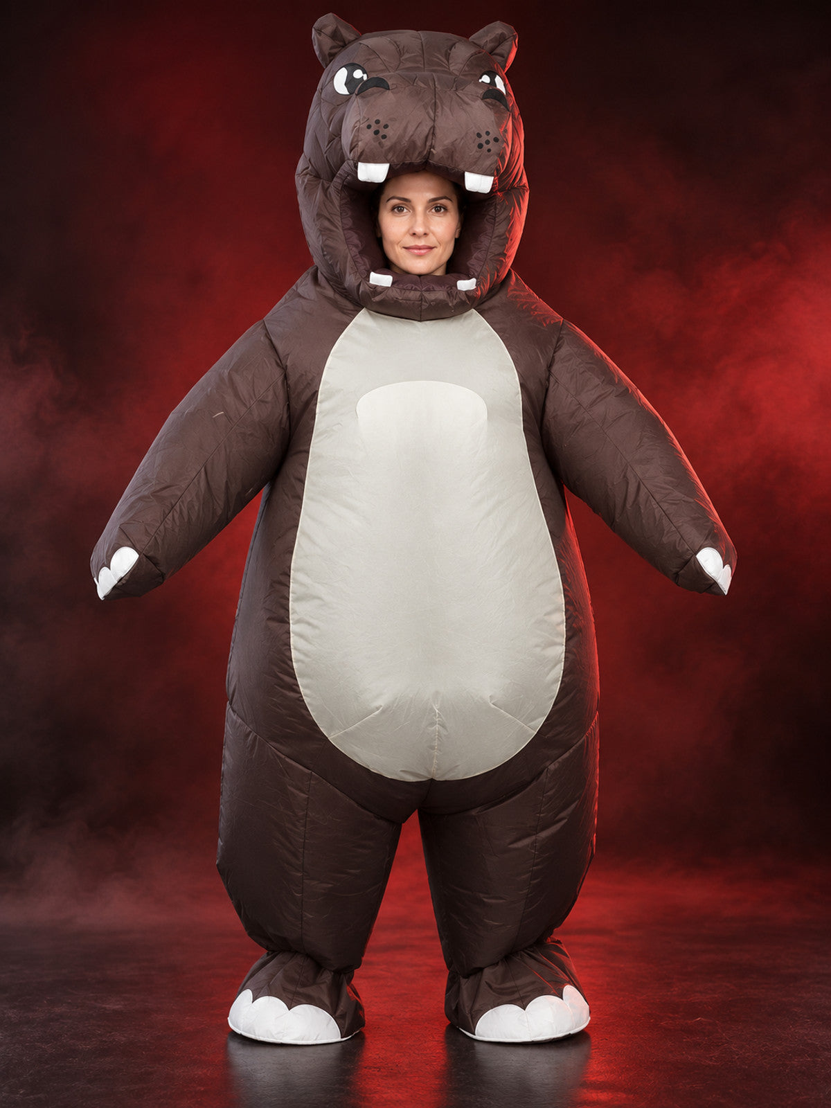 Inflatable hippo costume with white fangs and an open mouth