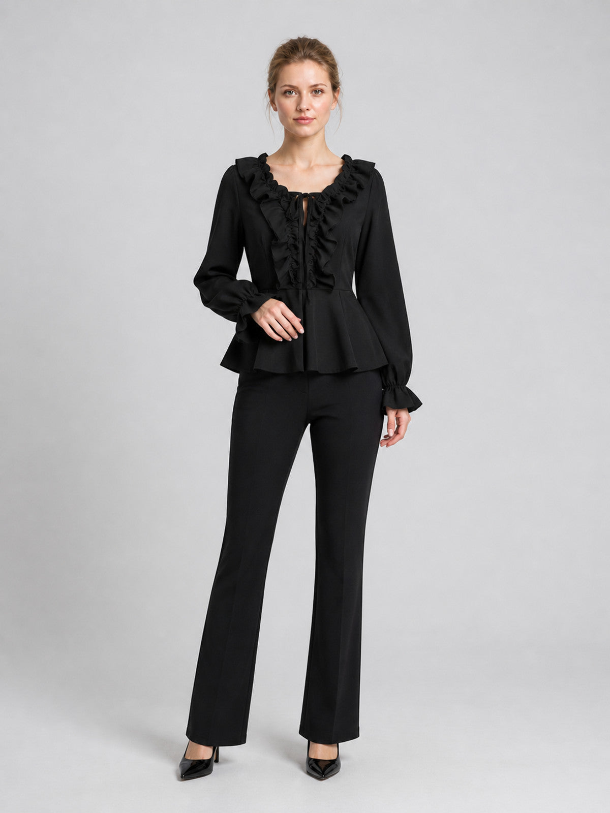 Black Fitted Blouse with Ruffles and Tie product detail