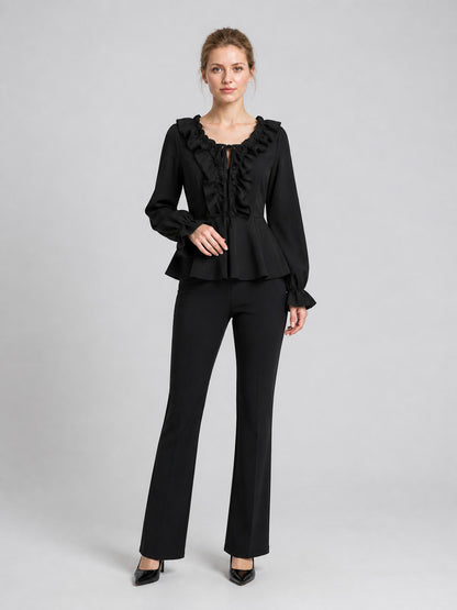 Black Fitted Blouse with Ruffles and Tie product detail