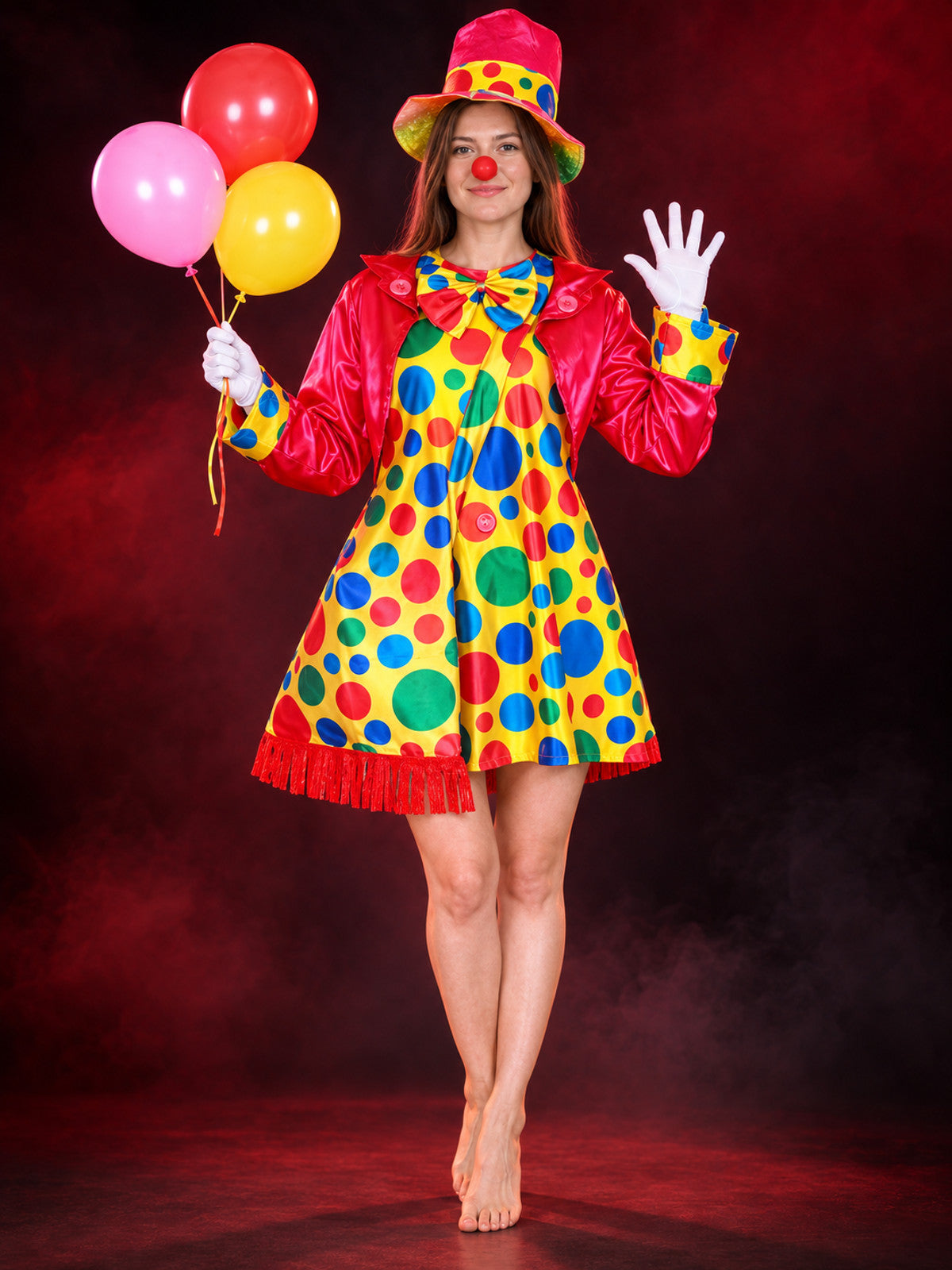 Adult Clown Costume with Dress, Hat, and Cape
