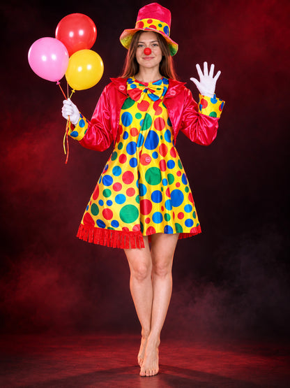 Adult Clown Costume with Dress, Hat, and Cape