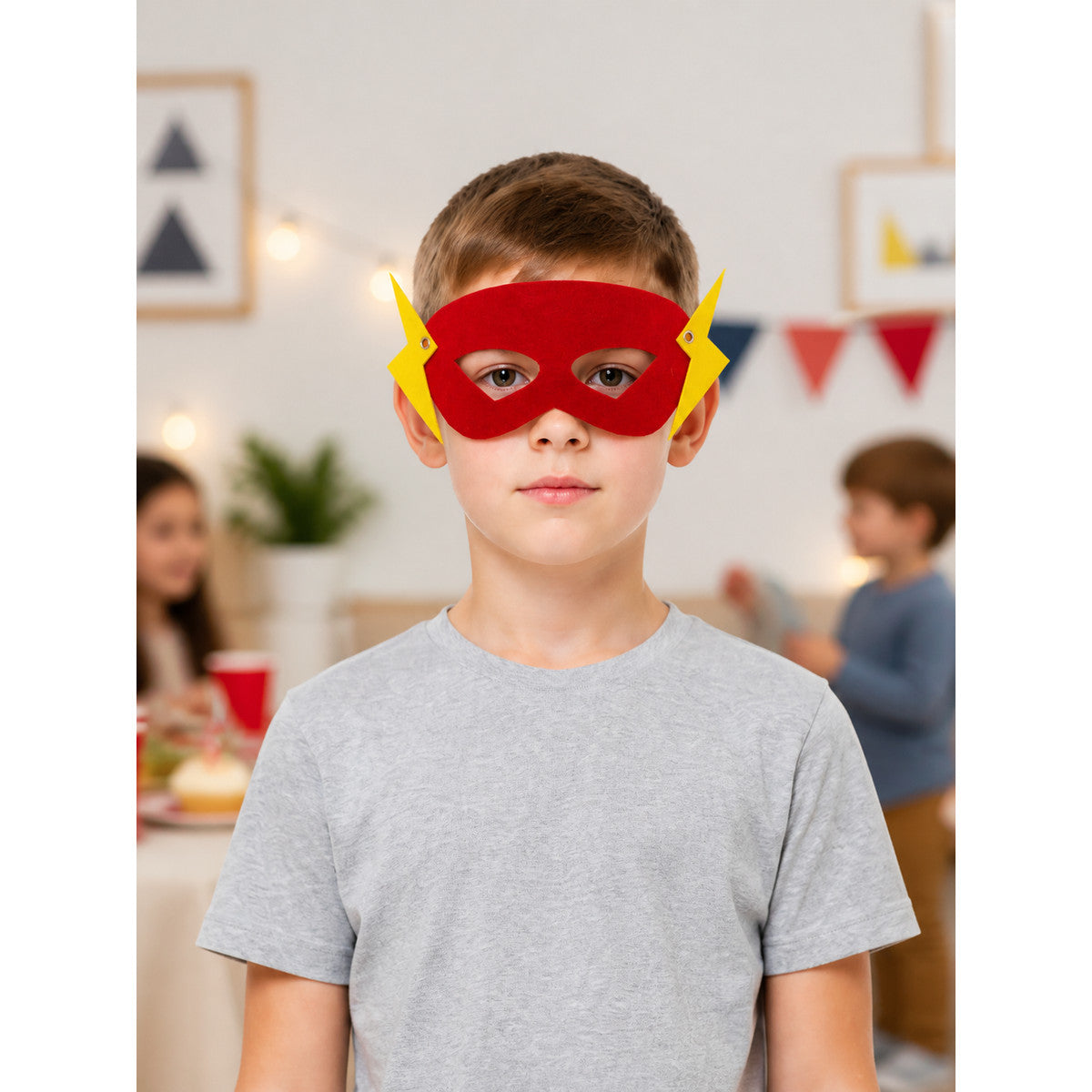 Superhero Cosplay Mask, Red and Yellow with Lightning Bolts lifestyle view