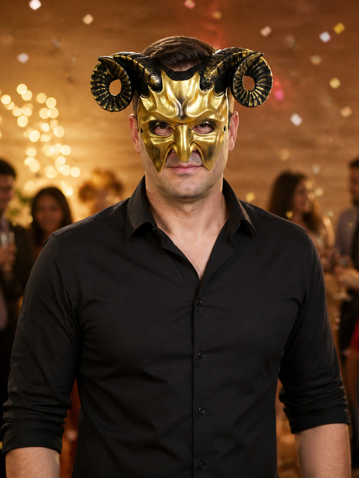 Gold-tone horned face mask with curled black-and-gold horns worn by a man in a black shirt at a party