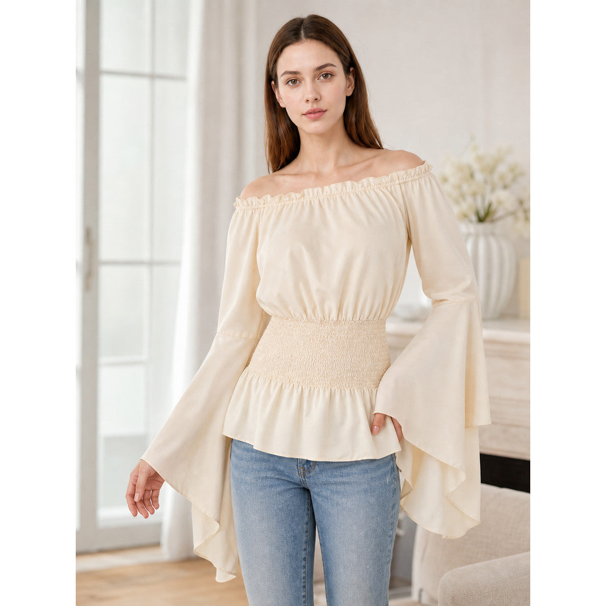 Off-the-Shoulder Blouse with Bell Sleeves lifestyle