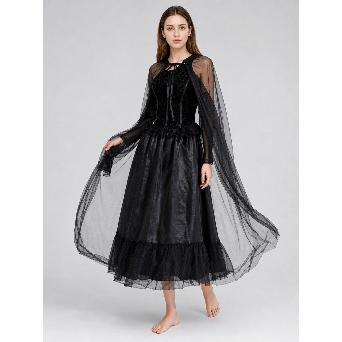 Gothic Black Dress with Cape and Lacing Costume Dresses detail