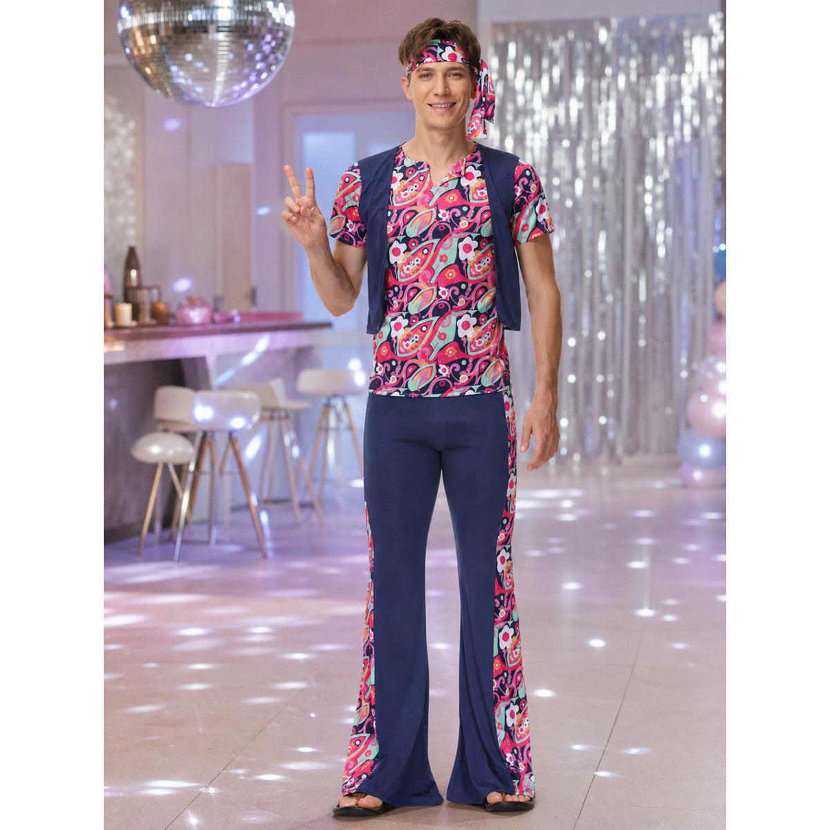 Retro disco costume with shirt, pants, and bandana lifestyle view