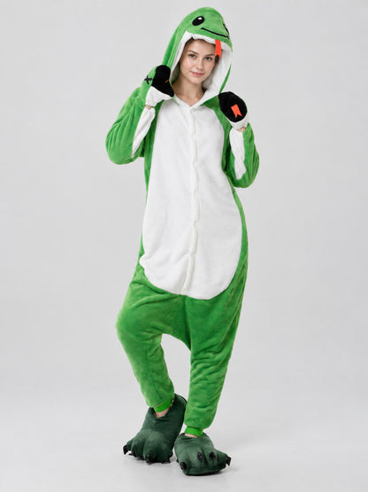 Green Flannel Dinosaur Hooded Pajama Jumpsuit