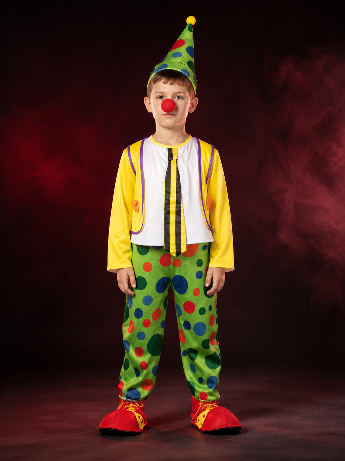 Kids Clown Jumpsuit Costume Set with Colorful Polka Dots and Cone Hat main product view