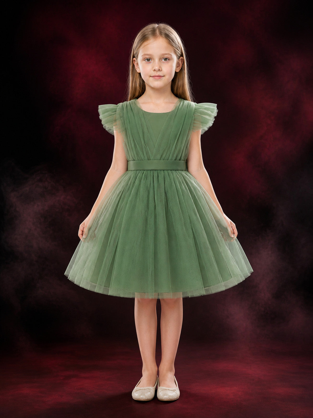 Toddler Girls' Green Princess Dress with Flutter Sleeves and Layered Tulle Full main product view