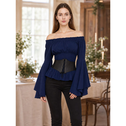 Dark Blue Peplum Blouse with Lace-Up Belt