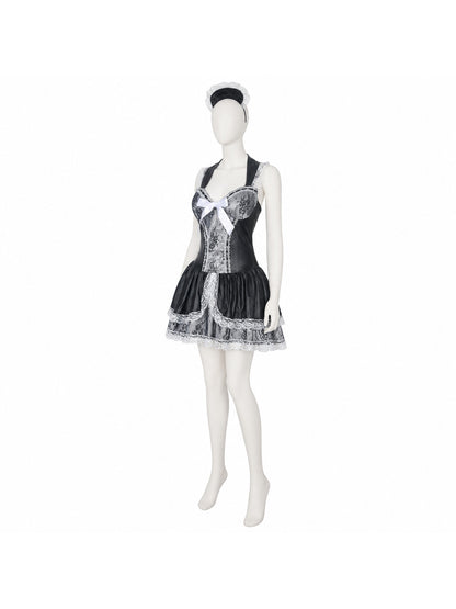 Black-and-White Cosplay Dress with Lace and Bow Costume Dresses detail