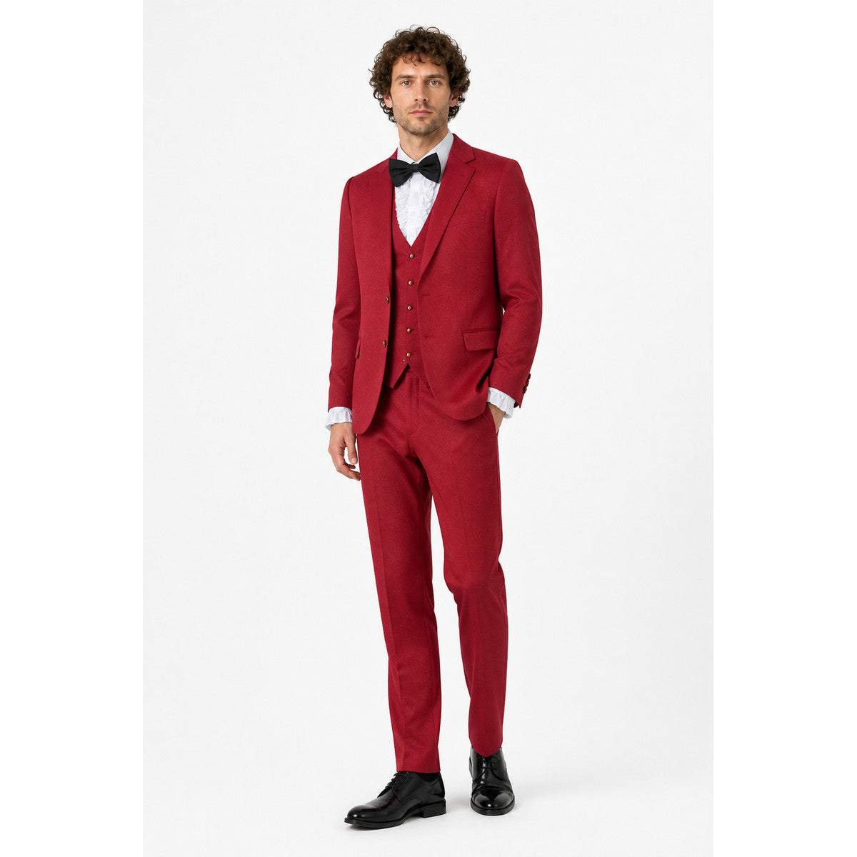 Red costume with a bow tie and white jabot for cosplay Costume Accessories detail