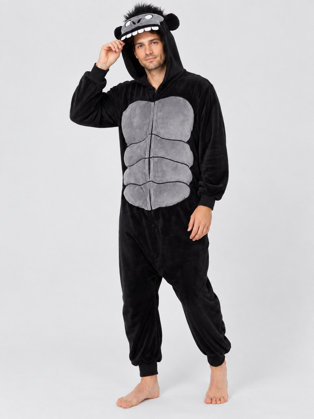 Black and gray hooded kigurumi jumpsuit with a face design