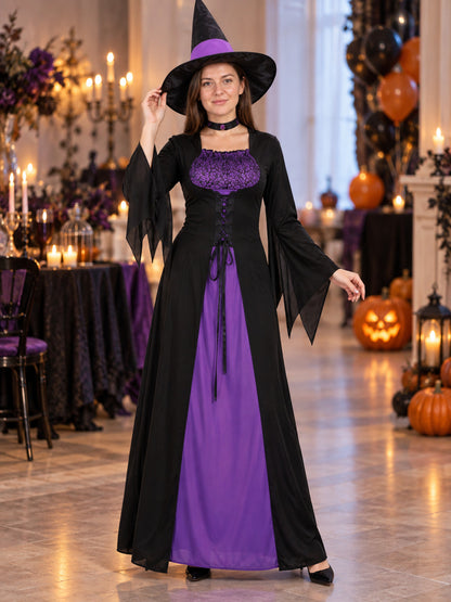 Black Witch Costume with Purple Inserts, Dress and Hat