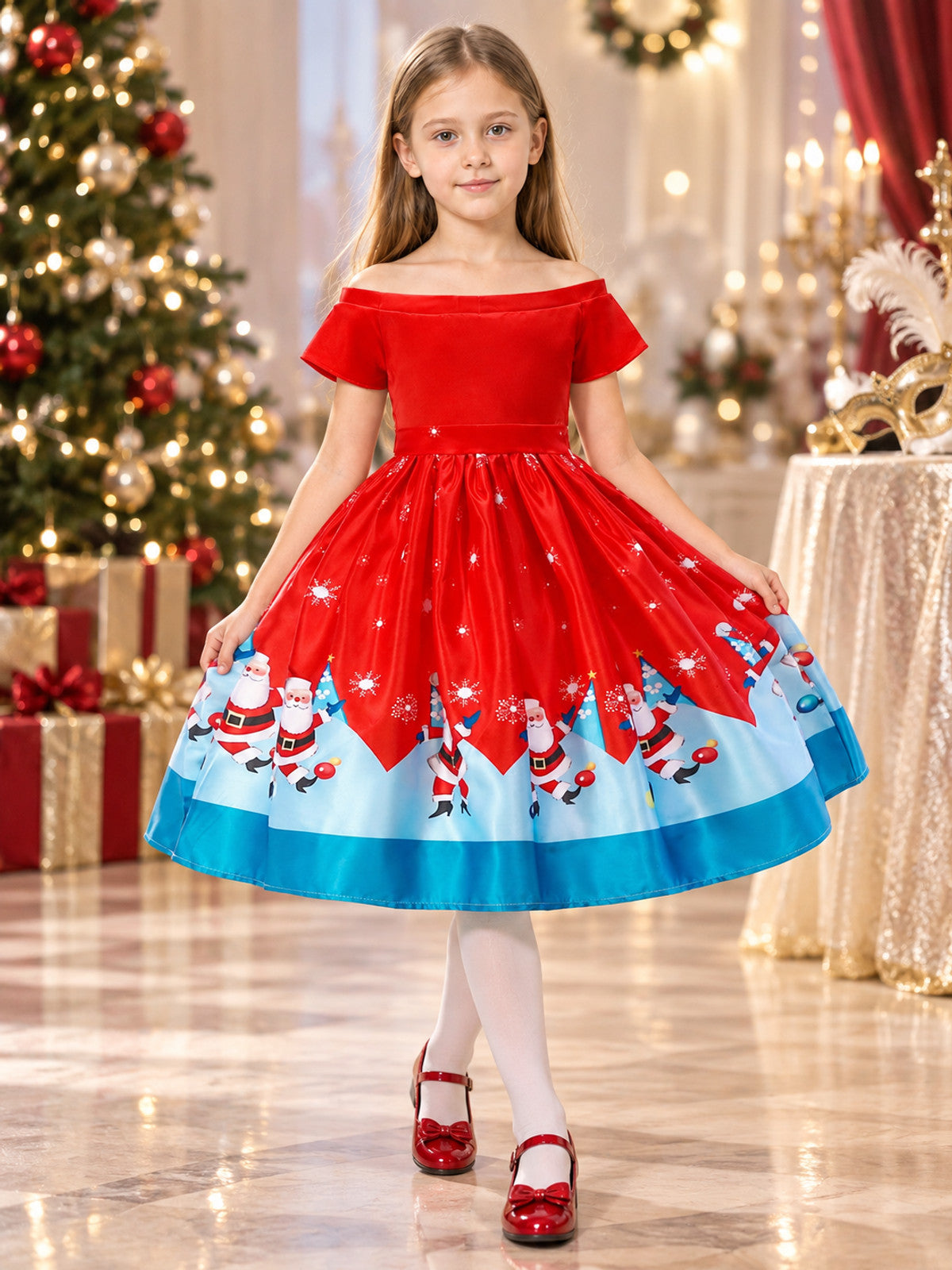 Festive Dress with Snowflakes and a Flared Skirt