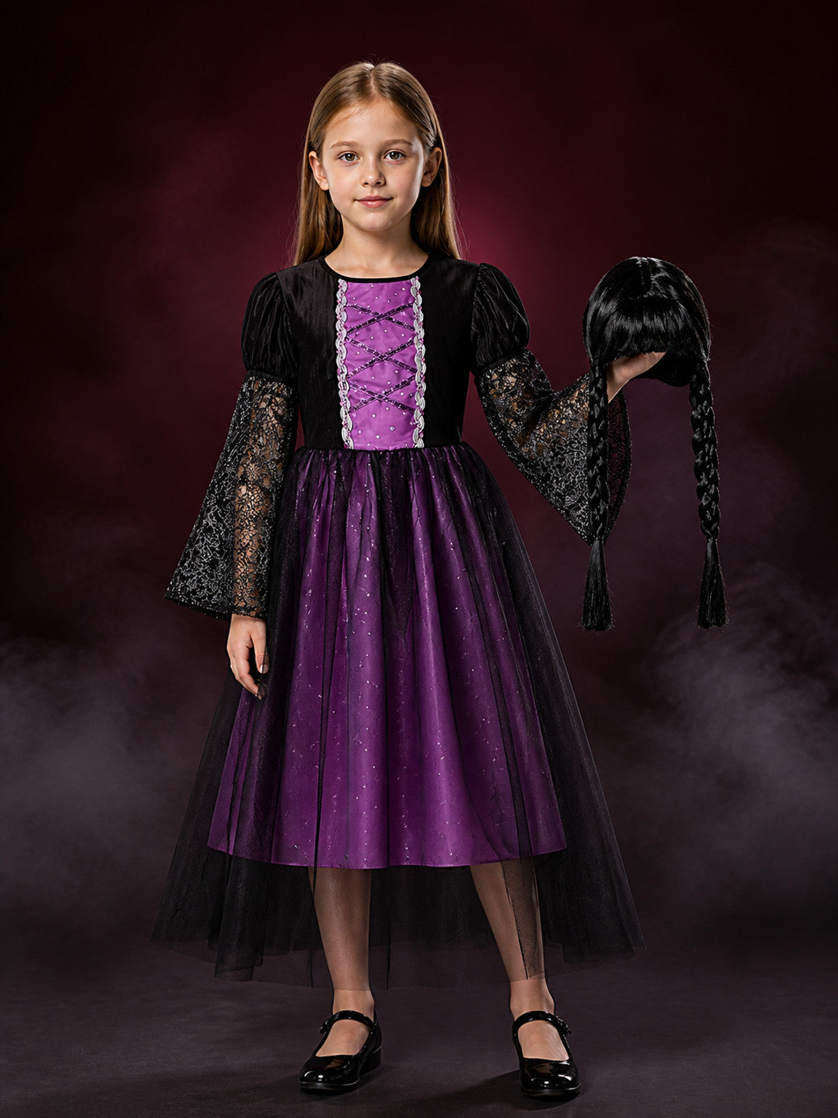 Girls Gothic Witch Vampire Halloween Costume Set - Black Purple Lace Tulle Dress main product view