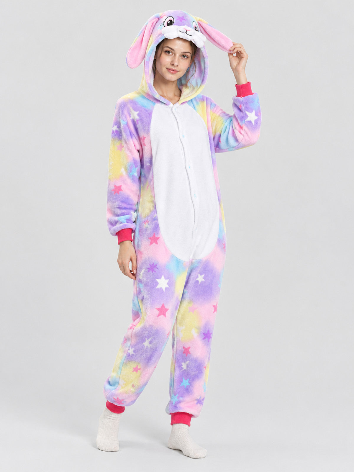 Hooded Pajama Jumpsuit with Ears and Star Print